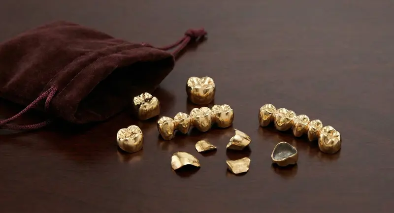 Close-up of dental gold and gold crowns